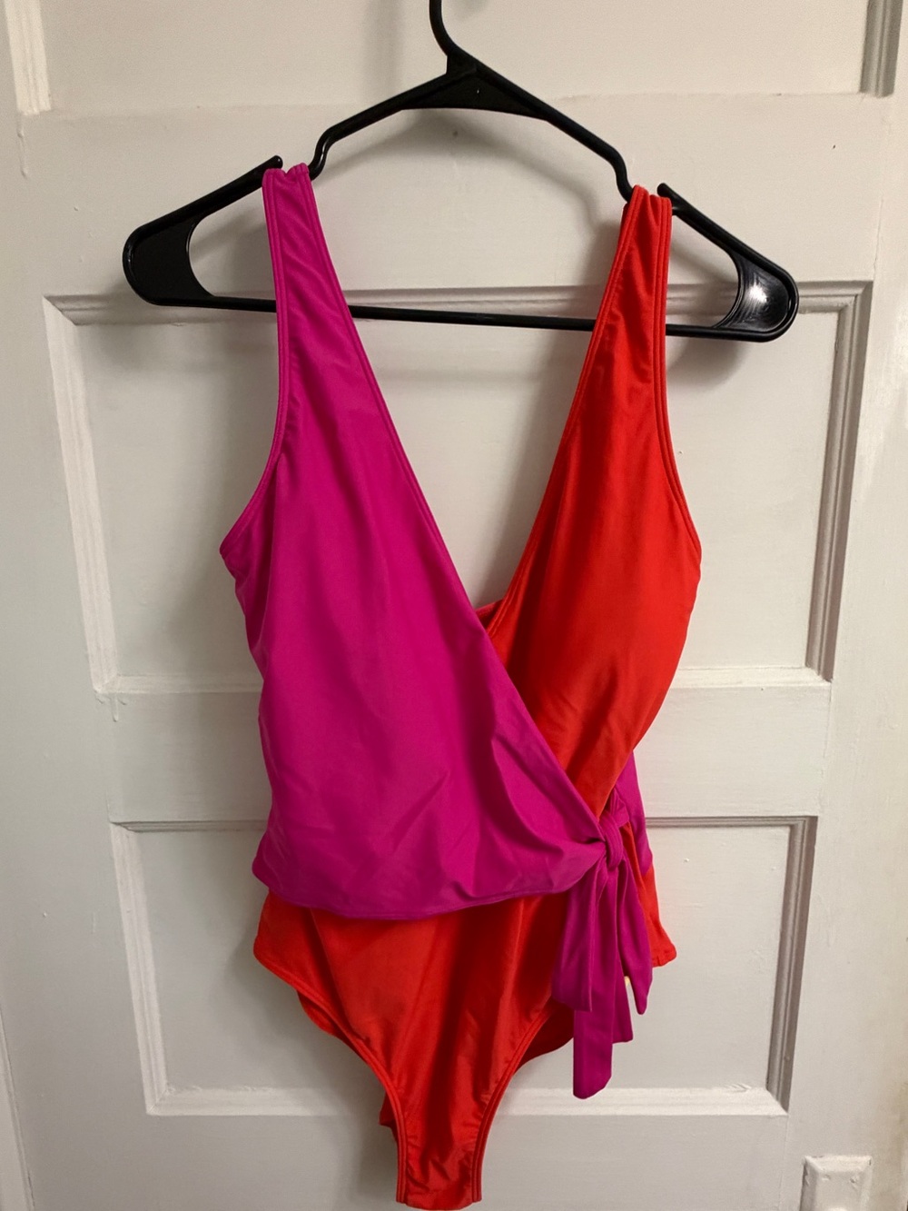 summersalt Two-Tone Pink and Red Wrap One-Piece Swimsuit